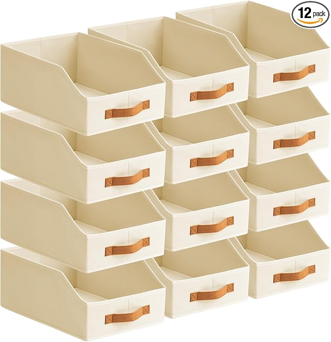 Fabric Storage Bins for Organizing - 12 Pack Large Trapezoid Collapsible Storage Bins with Front Handle, Closet Organizers and Storage for Bedroom, Home Shelves, Small Spaces, Beige by Homsorout