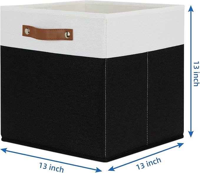 Temary Fabric Storage Bin 4 Pack Cube Storage Bin for Shelf Fabric Cube Storage Basket 13 Inch Cube Storage Bins Foldable Storage Cubes with Leather Handles(White&Black) - Image 2
