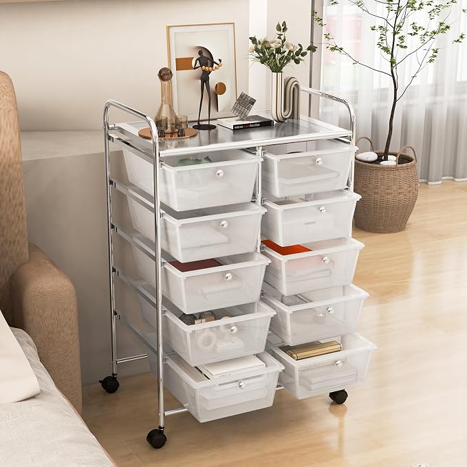 RELAX4LIFE Rolling Storage Cart with 10 Drawers - Craft Storage Cart with Lockable Wheels,Utility Cart, Art Cart Organizer for Crafting Storage, Studio, Office, Home, School Rolling Drawer Cart - Image 8