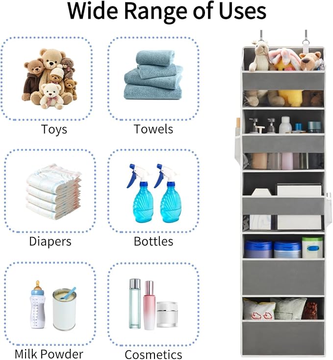 5 Tiers Over The Door Organizer Hanging for Closet (Grey, 2pcs) | EXTRA THICK & 50lbs HUGE CAPACITY, 10 Side Mesh Pockets Over The Door Shoe Organizer,Diaper Organizer, Bedroom, Bathroom - Image 6