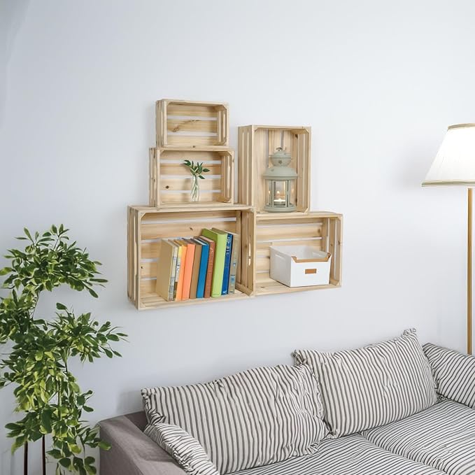 5-Piece Rustic Wooden Crates Unfinished Set, Wall Mountable Slatted Storage Crates with Handles, Farmhouse Wooden Crates for Display & Organizer for Home Decor - Image 5