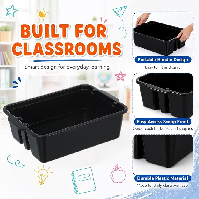 6 Pack Plastic Book Bins Stackable Classroom Cubby Organizer, Black | Scoop Front Storage Bins, Cubby Bins with Handles for School Library Office Home Nursery Playroom Organization - Image 3