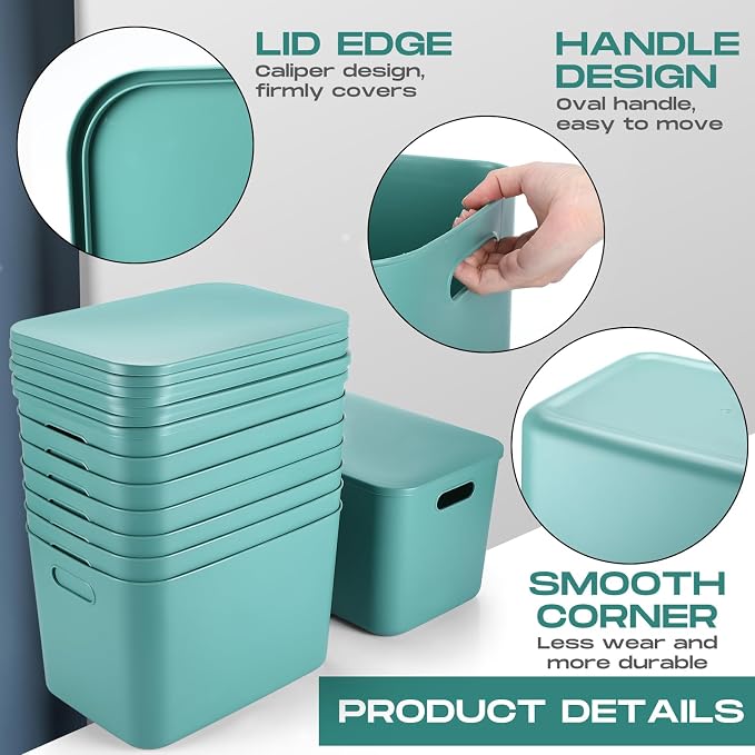8 Pack Storage Bins, 14.2 X 10.2 X 9.5 Inch Green | Plastic Stackable Containers with Lid Handle, For Shelves Desktop Playroom Office, Organizing Toys Books Supplies Storage - Image 3