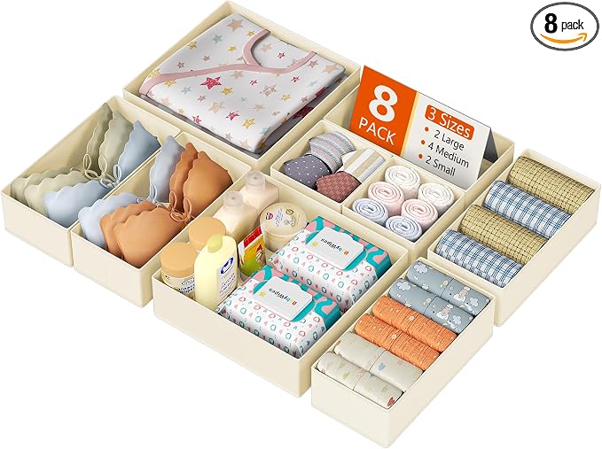 DIMJ Drawer Organizer Clothes, 8 Pack Dresser Organizer, Foldable Closet Organizers and Storage, Fabric Dresser Bins, Drawer Dividers for Nursery, Baby Clothes, Underwears, Sock (Beige) by DiMJ