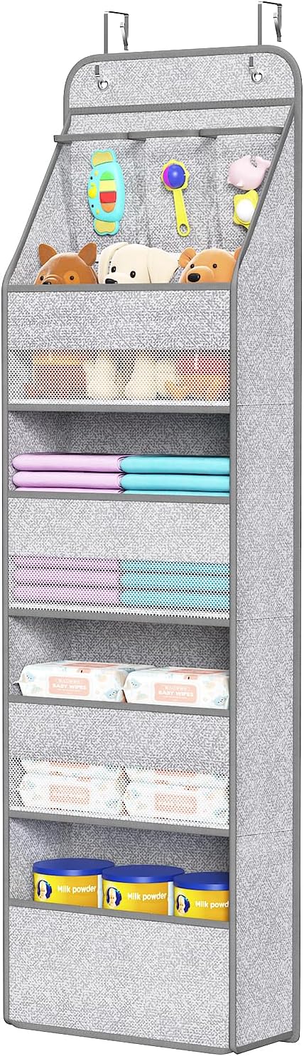 Univivi Over Door Hanging Organizer for Baby Nursery, Grey Pattern, 5-Shelf | Door Storage with Large Capacity Breathable Mesh Pockets, Fabric Over Door Organizer for Baby Essential, Bedroom and Dorm by Univivi