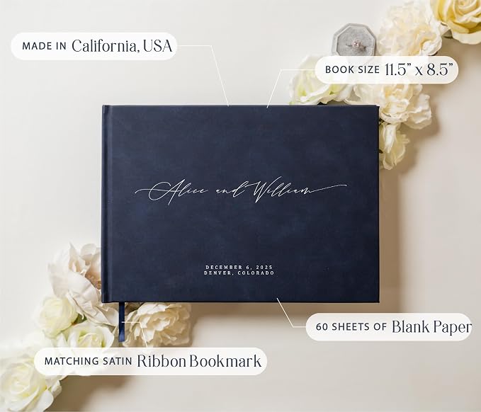 Personalized Guestbook in Navy - Premium Custom Modern Guest Book for Wedding Reception, Birthday Party or Events w/Bookmark Blank Pages for Signing 11.5 x 8.5 inches - Image 3