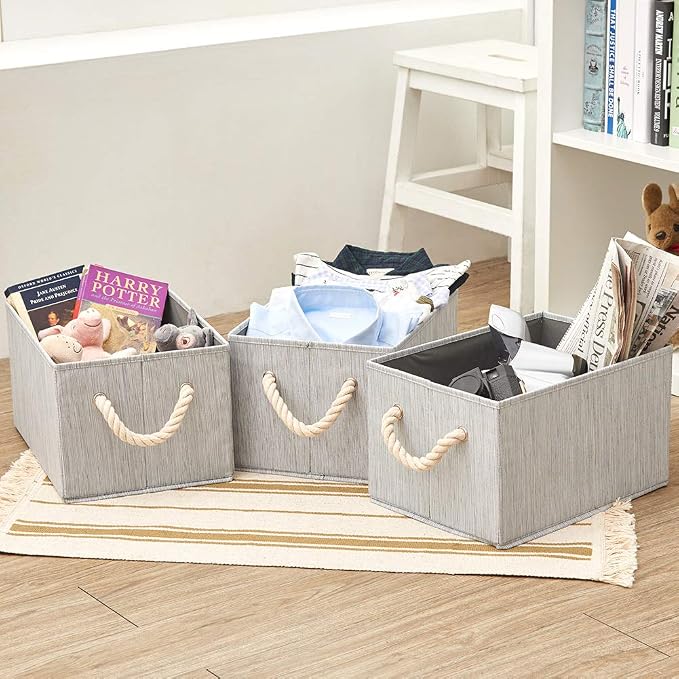 EZOWare Set of 3 Large Fabric Storage Bins Basket with Cotton Rope Handle, Collapsible Cube Container Box for Nursery, Kids, Closet, and More (Gray) - Image 5