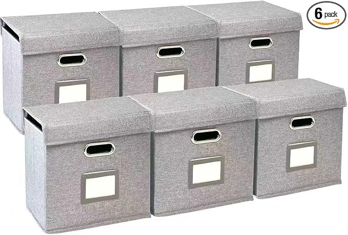 6 Pack Hanging File Folder Box with Lid, Durable Letter Size Filing Storage Box, Sturdy File Holder with Cardboard Support PVC Rails for Office Home Organizer, Gray by ComfortKeeper