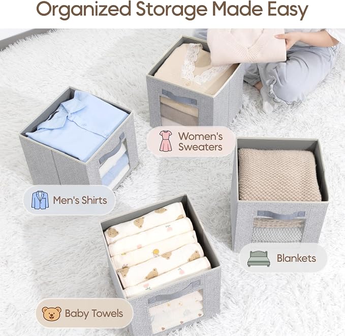 Foldable Storage Cubes - Cubby Storage Organizer with Window, Decorative Fabric Bins for Clothes Storage, Closet Organizers for Shelves, 11inch, Set of 8, Light Grey - Image 5