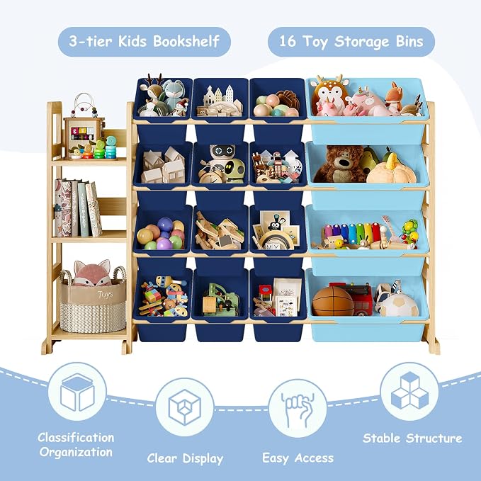 EXPERLAM Toy Storage Organizer, Toy Storage Shelf with 3 Shelves and 16 Storage Bins (12 Small + 4 Large), 3-in-1 Kids Bookshelf for Kids Rooms, Playroom, Nursery, Blue - Image 5