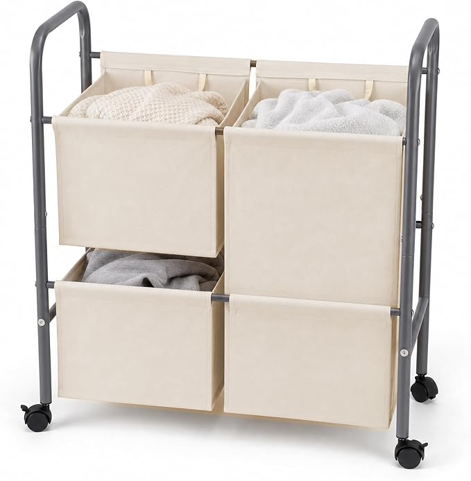 130L Laundry Hamper with Wheels, 3 Section Laundry Sorter Cart with Removable Bags, Rolling Clothes Hamper with Waterproof Lining, Sturdy Freestanding Canvas Laundry Basket for Laundry Room, Beige by Abalter