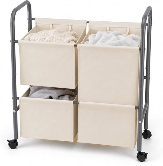 130L Laundry Hamper with Wheels, 3 Section Laundry Sorter Cart with Removable Bags, Rolling Clothes Hamper with Waterproof Lining, Sturdy Freestanding Canvas Laundry Basket for Laundry Room, Beige by Abalter