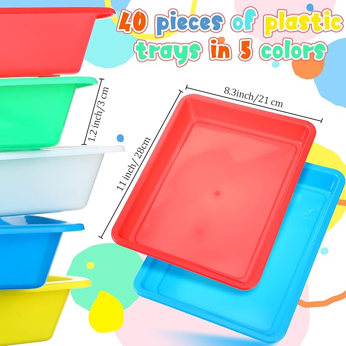 40 Pcs Plastic Art Trays Stackable Art Trays for Kids Plastic Trays Small Trays Craft Tray Kid Activity Plastic Tray for DIY Projects Painting Beads Home School, 5 Colors (11 x 8.3 x 1.2 Inch) - Image 2