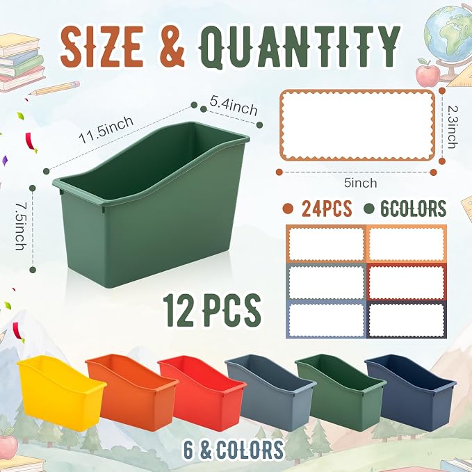 Geetery 12 Pcs Book Bin for Classroom with Labels Stackable Plastic Organizing Bins 11.5 x 5.4 x 7.5 in Book Holders Storage Bins Box Baskets for Classroom Library Home (Earth Tones) - Image 2