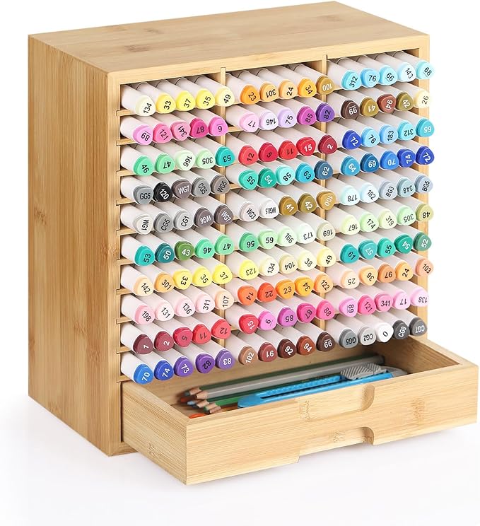 AUTOARK Bamboo Marker Organizer for 150 Markers,AHK-060 | Desktop Storage with Drawers,Art Markers Pens Pencils Brushes by AUTOARK