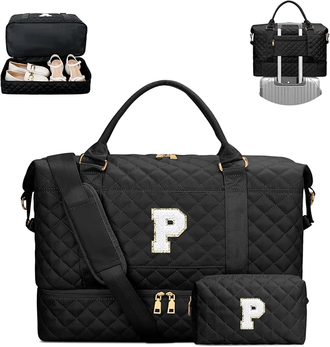 Birthday Gifts Initial Duffle Bag with Shoe Compartment(Black,P) | Women Gifts for Birthday-Overnight Bags with Toiletry Bag-Weekender Bags with Shoe Compartment for Travel by Unknown