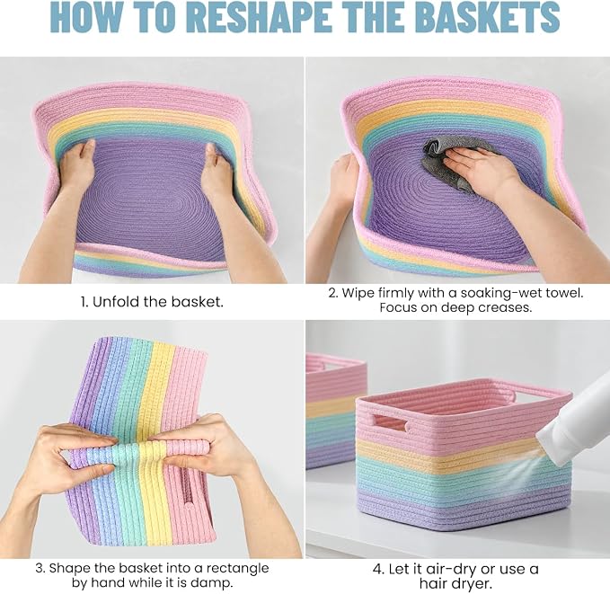 5 Pack Woven Storage Baskets, Decorative Storage Bins for Organizing | 13.8'' × 9.8'' × 7.9'', Cute Cotton Rope Basket Organizer for Closet, Shelves, bathroom, Nursery, Toys, Books, Rainbow - Image 6