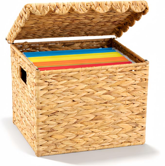Jingmore Water Hyacinth File Storage Box with Scalloped Lid Collapsible Letter Size Hanging Filing Organizer Basket for Home Office, Woven Decorative Document Storage Box (Letter Size) by Jingmore