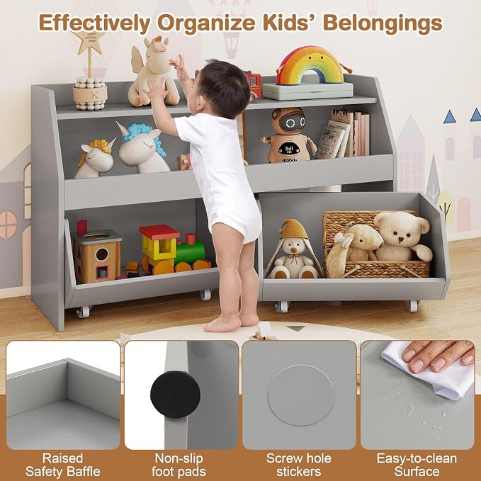 Costzon Toy Storage Organizer for Kids, Toy Cabinet w/ 2 Rolling Drawers, Lockable Wheels, Open Shelf & Anti-toppling Kit, Toddler Toy Shelf for Playroom, Kids’ Room, Nursery, Daycare (Grey) - Image 6