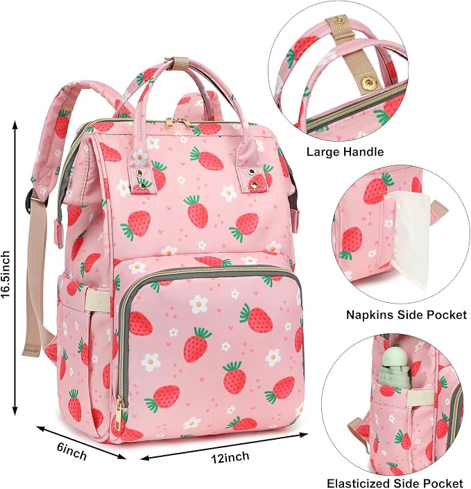 Strawberry Baby Diaper Bag Backpack for Girls Boys, Waterproof Large Maternity Nappy Bags for Mom - Image 5