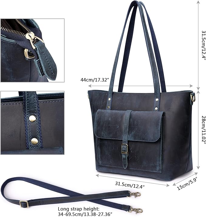 S-ZONE Women Vintage Genuine Leather Tote Bag Large Shoulder Purse Work | 14" Padded Laptop Compartment, Detachable Long Strap, Luggage Strap, Multi Pockets, Travel Everyday - Image 5