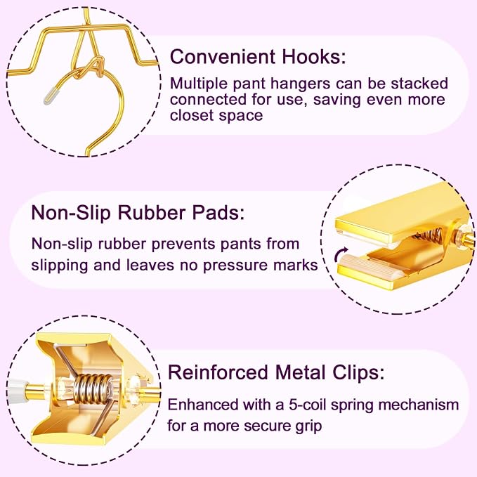 30 Pack Gold Pants Hangers with Hooks, Stackable Pants Hangers | Upgrade Heavy Duty Metal Skirts Hangers, with 2 Adjustable Clips for Pants, Jeans, Slacks, Women Skirts - Image 2
