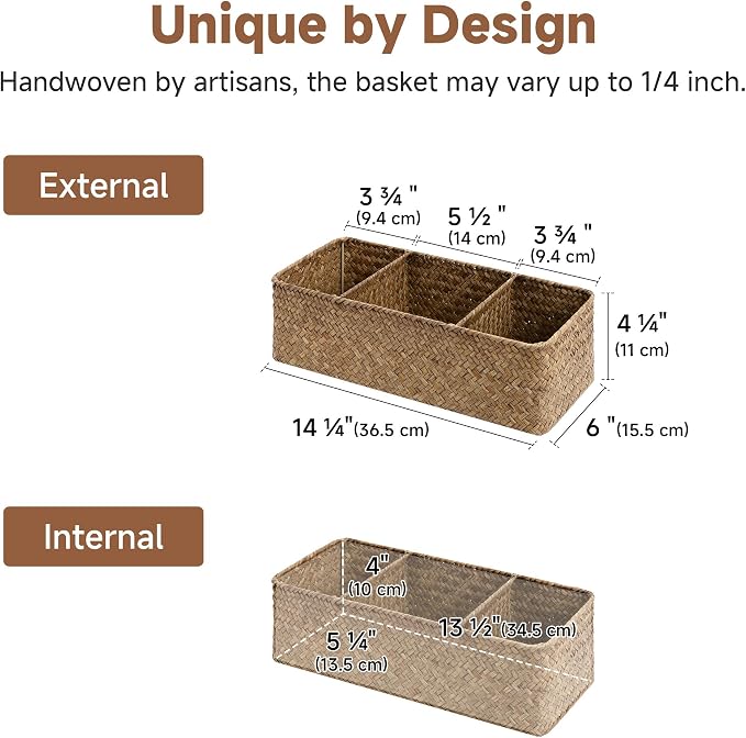 StorageWorks Toilet Paper Basket, 3-Section Toilet Tank Basket, Seagrass | Wicker Basket, Toilet Paper Storage for Back of Toilet Tank, Woven Baskets for Shelves, Wicker Baskets with 3 Compartments - Image 2