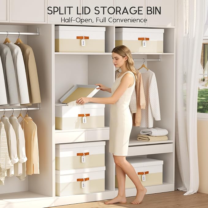 Extra Large Storage Bins - 1 Pack Closet Storage Boxes with Double-Open Lid & Divider Board, Stackable Colthes Storage Organizer, Fabric Basket with Label Tag for Home, Laundry - Image 4