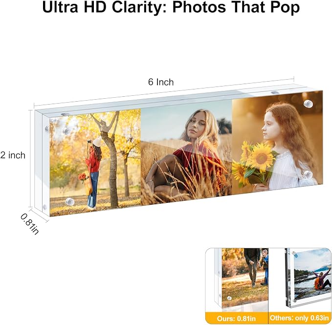 3 Pack 2x6 Acrylic Picture Frames - 20% Thicker Double Sided Magnetic Frame with UV Protection - Freestanding Clear Frameless Display for Tabletops - Modern Photo Frame Set for Home & Office Decor - Image 2