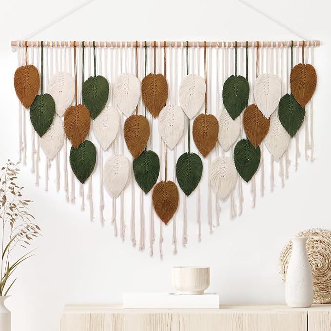 Large Macrame Wall Hanging Boho Woven Tapestry Chic Home Decor Wall Art | KHOYIME Modern Bohemian Handmade Leaf Feather Decorations for Apartment Living Room Bedroom Nursery Backdrop 51.5"W X 33.5"L by KHOYIME