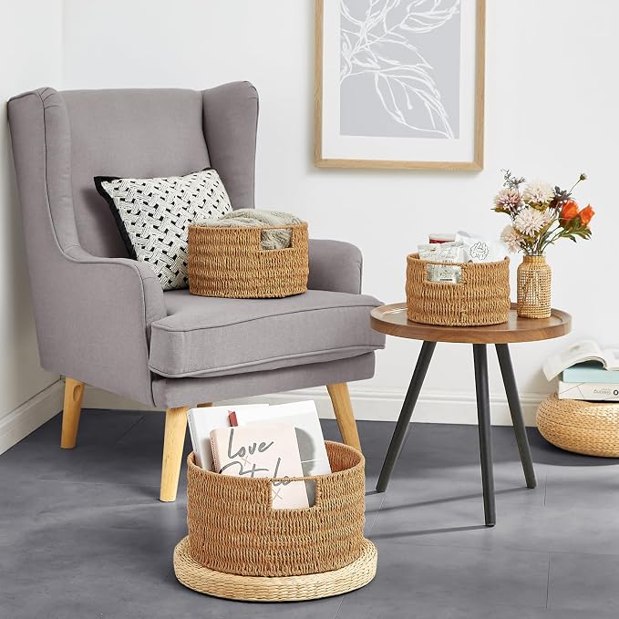 Wicker Storage Basket, Hand-Woven Paper Rope Large Round Woven Basket With Handles, Wicker Baskets for Organizing/Storage, Natural, 3-Pack - Image 6