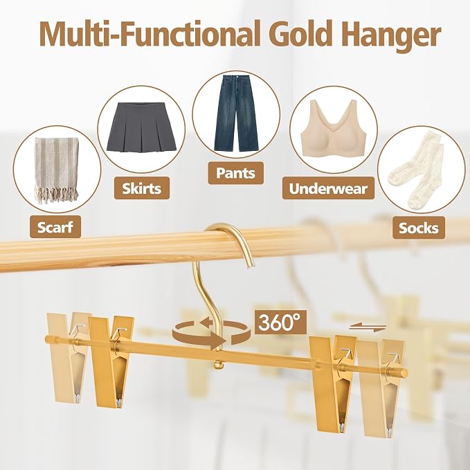 Matte Gold Aluminum Pants Hangers with 360°Swivel Hooks & Non-Slip Adjustable Clips, Lightweight, Durable, Space-Saving Closet Organizer for Trouser, Skirts, Jeans, Scarvf, Kids&Adults, 20 Pack - Image 6