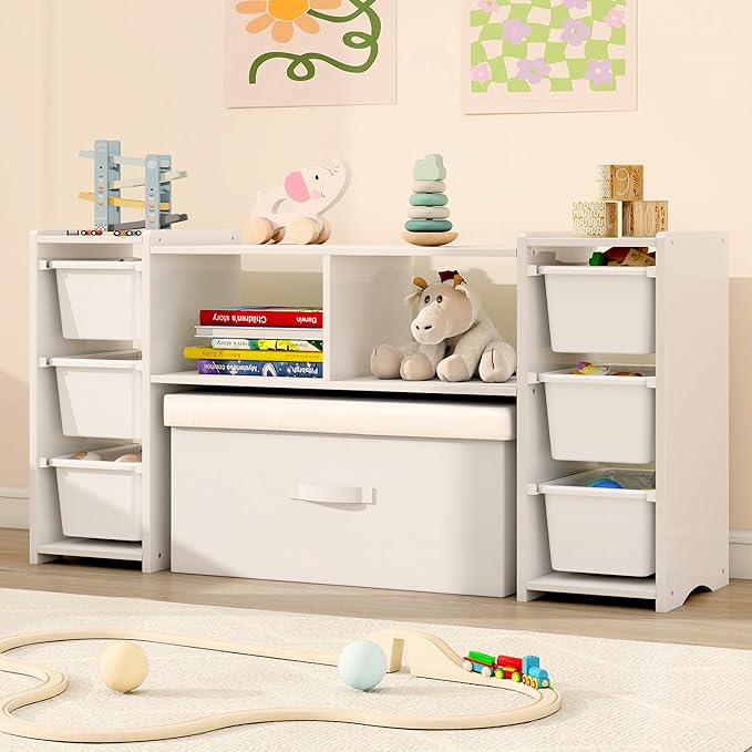 MallBest Montessori Shelf for Kids - 100% Solid Pine Wood with 6 Removable Plastic Bins, Toy Storage Organizer for Playroom, Bedroom & Nursery (White) by MallBest
