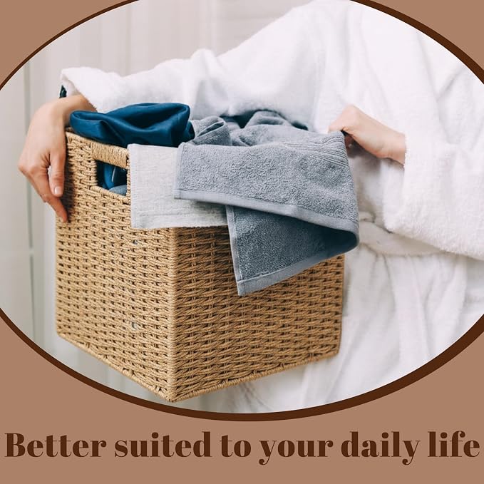 6 Pcs Wicker Storage Baskets 9.8 x 9.8 in Cube Storage Bin Organizer Camel Square Foldable Wicker Baskets for Shelves Organizing Decor Laundry Pantry Toys - Image 6