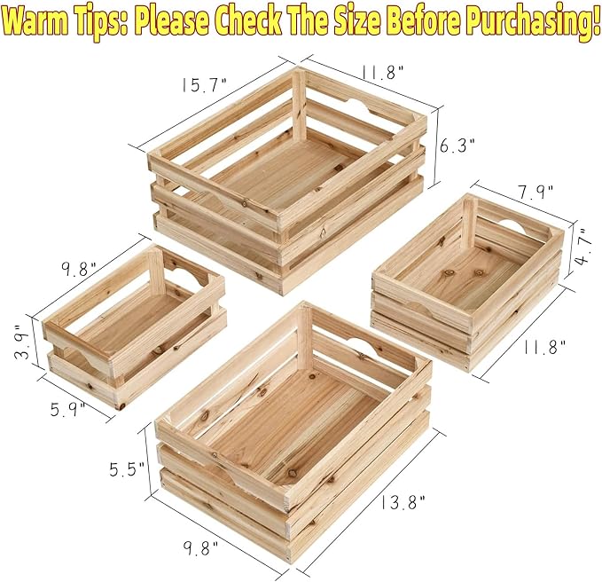 Set of 4 Large Wooden Crates Unfinished Office Storage Crates, Decorative Wood Storage Crates for Display, Rustic Pine Wood Organizer Bin Basket for Kitchen Pantry Bathroom - Image 2
