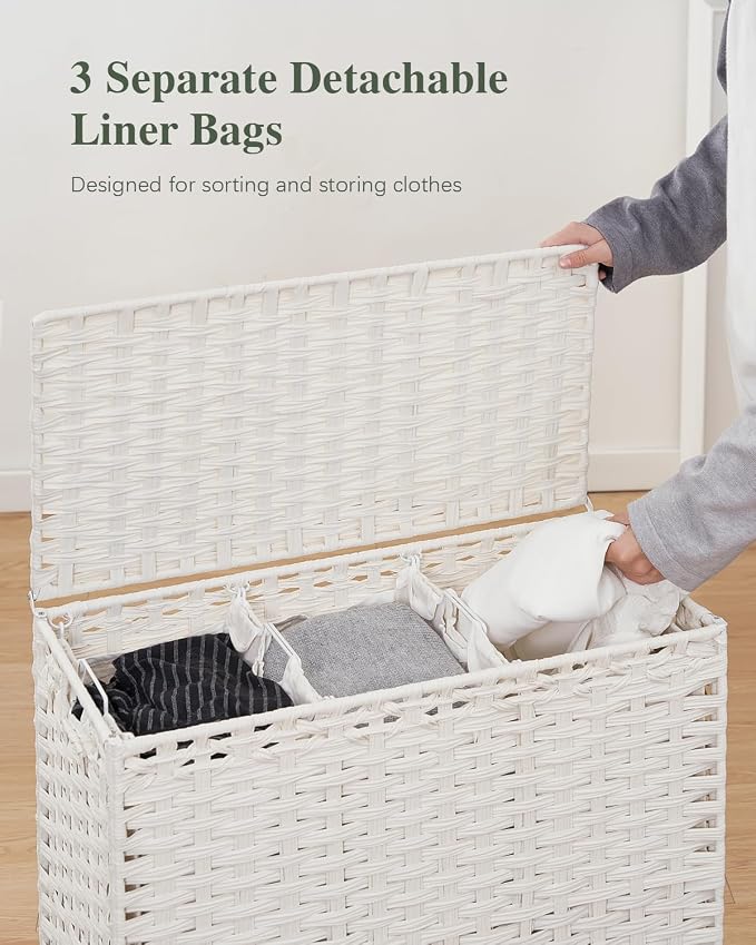 SETVSON Laundry Hamper with Lid, Large 132L Rattan Basket, White | 3-Section Large 35 Gal Clothes Hamper, 3 Removable Bags, Heightened Metal Feet, 6 Mesh Laundry Bags, Steel Frame - Image 3