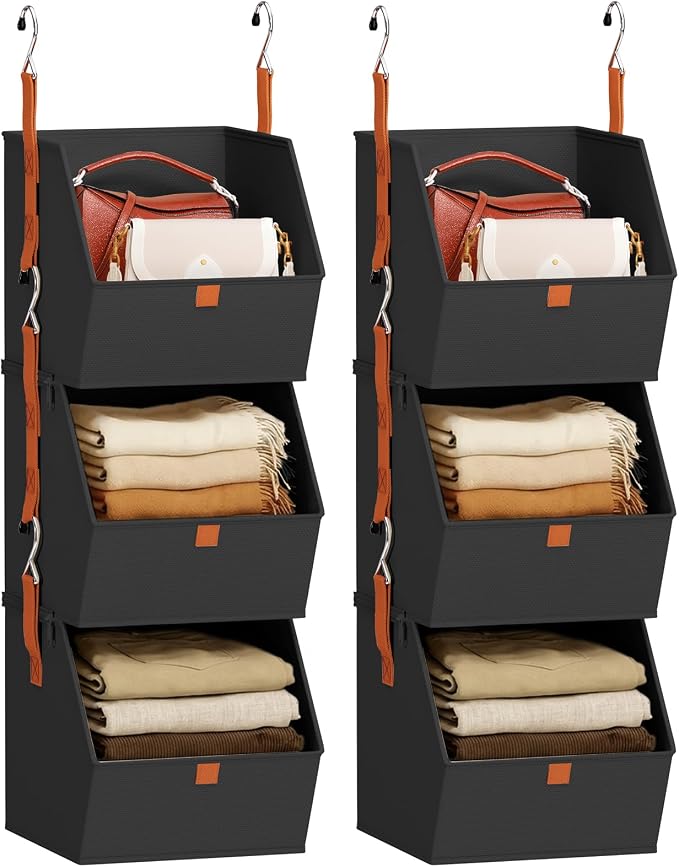 Collapsible Hanging Closet Organizer - 6 Tier Closet Shelves Storage System with Hooks, Fabric Hanging Storage Bins for Clothes, Foldable Storage Basket for Laundry, Bedroom, Rv, Black by Homsorout