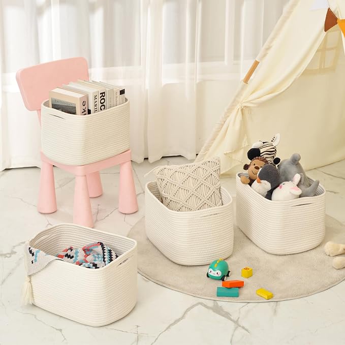 ICERZCZ Storage Baskets for Organizing & Shelves, Woven Cotton Rope Organization Bins for Dog Toys, Clothes, Books, Nursery Organizer, 15"Lx11''Wx9.5''H, (4 Packs) Off White - Image 8