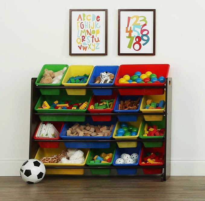 Humble Crew Kids Toy Organizer with 16 Bins, 4 Tier Storage for Playroom | Sturdy wood and steel toddler shelf, removable BPA-free containers, wall anchor anti-tip safety kit for bedroom or classroom - Image 2