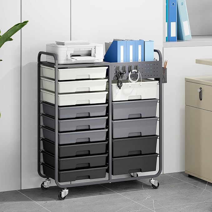 14 Drawer Rolling Storage Cart with Tabletop and Pegboard for Crafts Grey | Easy Setup, Large Capacity, Sturdy Build, Smooth Mobility, For classroom, office and dorm supplies - Image 8