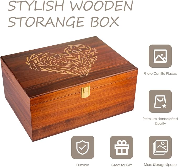 Larger Wooden Memory Keepsake Boxes With Hinged Lids and a photo frame inside the lid - Decorative Storage Box With a Hinge Lids For Picture Letter Time Capsule - 5.3“*8.6”*11.7“- Acacia - Image 3