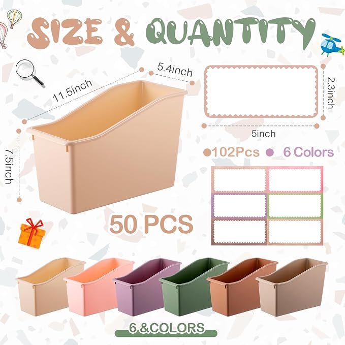 Geetery 50 Pcs Book Bin for Classroom with Labels Stackable Plastic Organizing Bins 11.5 x 5.4 x 7.5 in Book Holders Storage Bins Box Baskets for Classroom Library Home (Terrazzo Color) - Image 2