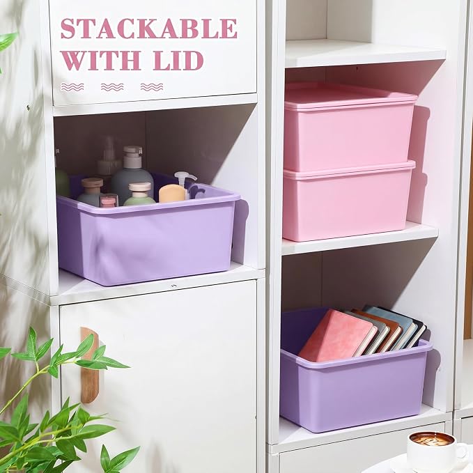 4 Pcs Storage Bins with Lids, Pink, Purple, Large | Plastic Stackable Organizing Containers, Heavy Duty Storage Boxes for Classroom Room Shelves, Christmas Ornaments Baskets - Image 5
