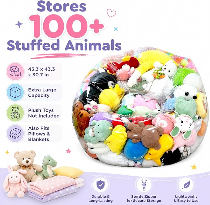 Clear Stuffed Animal Storage Bean Bag Chair Cover for Kids with Zipper | Transparent Waterparoof Wipe Clean Thicker PVC, Holds 100+ Stuffed Animals, Double Zipper for Plush Toys Storage & Organizing - Image 2