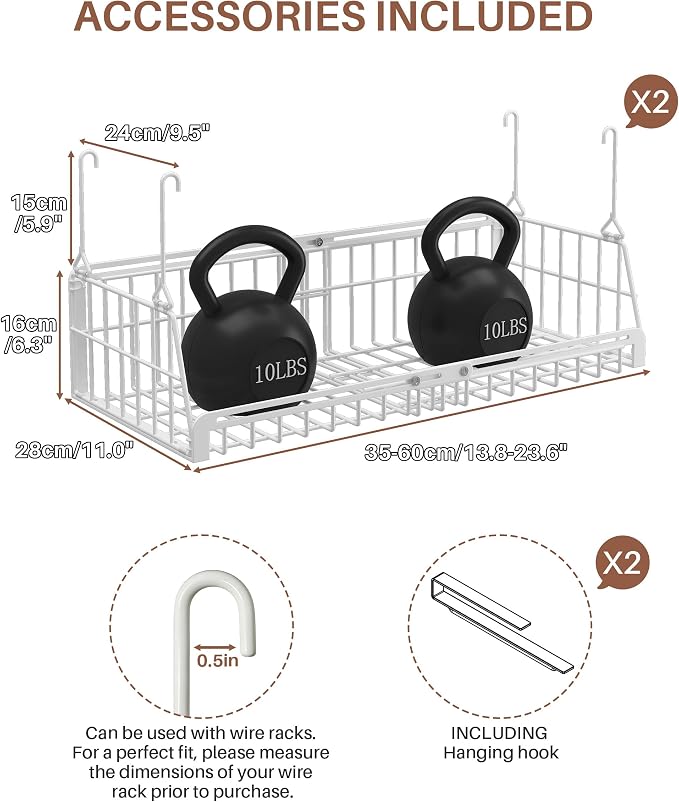 2 Pack Under Shelf Organizer Hanging Under Shelf Storage Basket,White | Extendable heavy-duty metal under shelf basket, sturdy & durable, fits kitchen, pantry, closet, office, adjustable length - Image 2