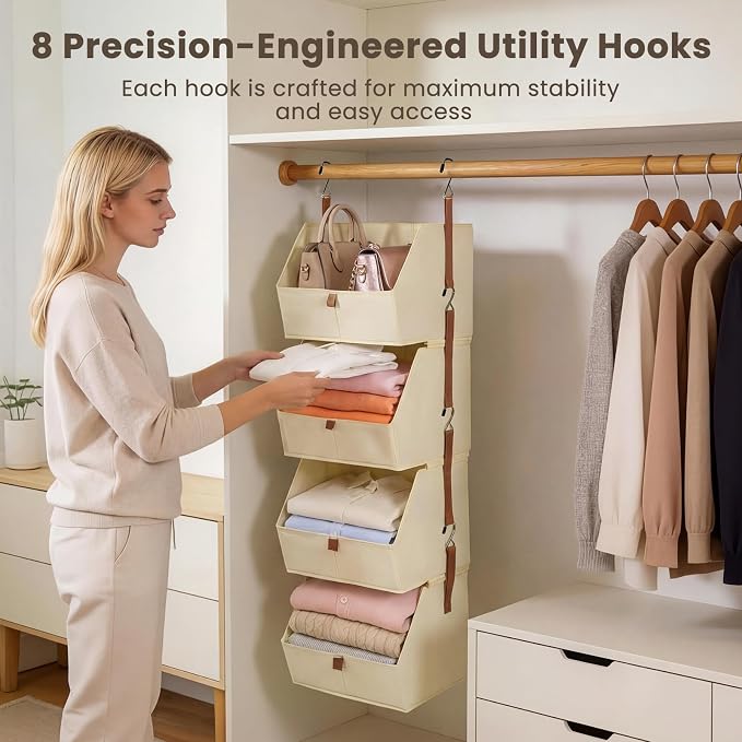 4-Tier Modular Sturdy Hanging Closet Organizer, Heavy-Duty Detachable Clothes Hanging Shelves with Reinforced Zippers and 8 Durable Hooks, Hanging Camper Organizer for Bedroom, RV, Nursery - Image 8