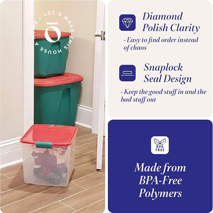 HOMZ Holiday Tote Plastic Storage Bin with Lid, 31 Qt, Clear/Red, 4 Pack | Large Stackable Organization Container for Home, Garage, and Office Organization - Image 3