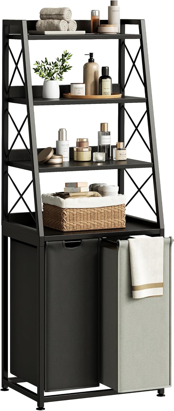 Herture Laundry Basket, 2 Section Laundry Hamper with 4 Tiers Shelf, Pull-Out and Removable Laundry Bags, Large 2 x 15.87 Gallons, for Bedroom Bathroom Black PF11XLK by Herture