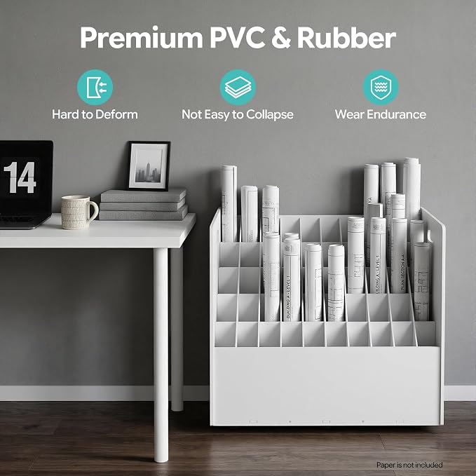 Blue Print Storage Organizer with Wheels, 50 Slots Roll Files Cart, White | Mobile Blueprint Storage Rack Cart, Construction Plan Holder, Map Poster Storage Cabinet for Office Home School - Image 3