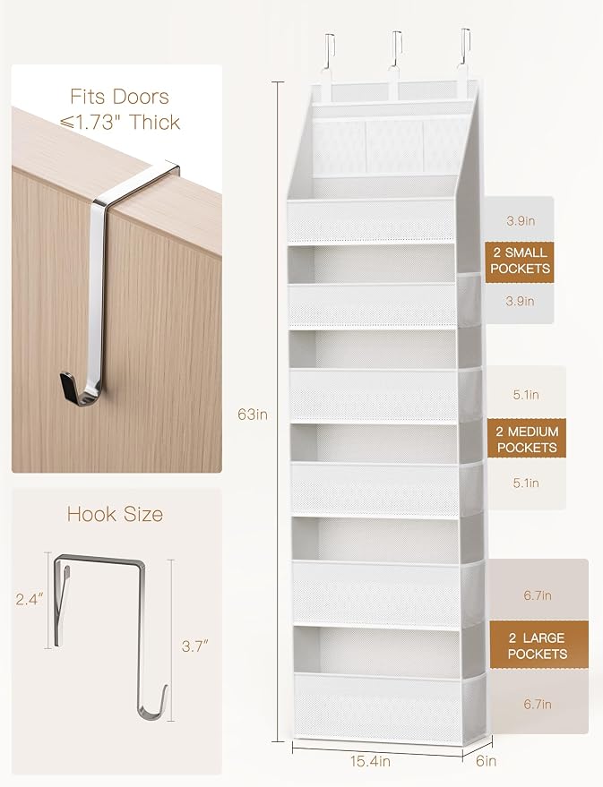 2 Pack Over the Door Organizer, Heavy-Duty 6-Shelf Hanging Storage with 13 Mesh Pockets, 55lbs Capacity Behind the Door Storage for Nursery, Bathroom, Bedroom, and Dorm, White - Image 2
